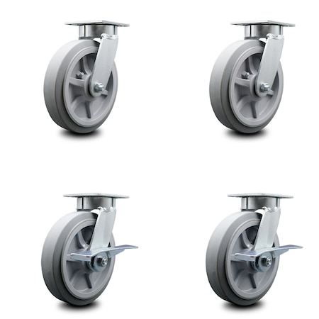 Service Caster 8 Inch Kingpinless Thermoplastic Rubber Wheel Swivel Caster Set with 2 Brakes SCC-KP30S820-TPRRF-2-SLB-2